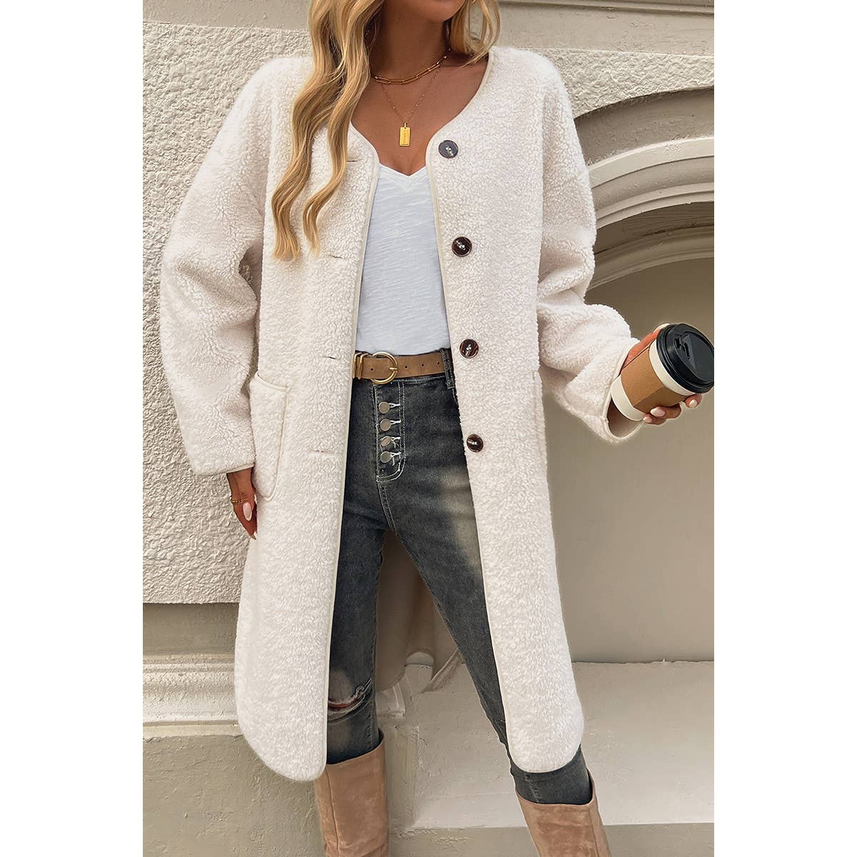 Solid Fuzzy Long Body Button Down Pockets Coat - MVTFASHION.COM