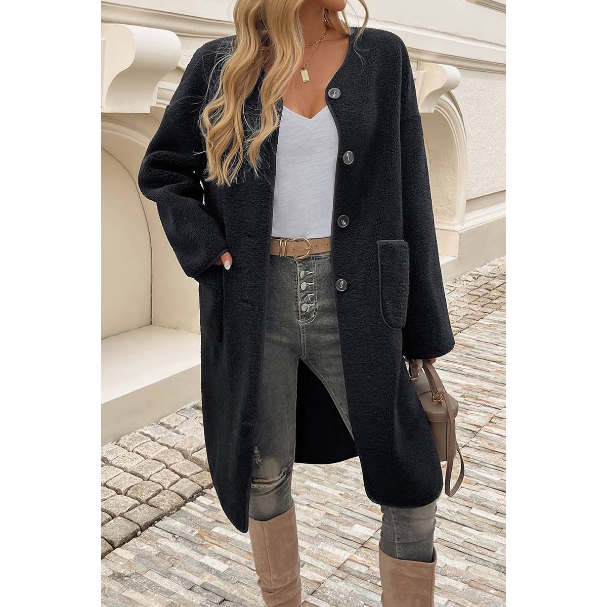 Solid Fuzzy Long Body Button Down Pockets Coat - MVTFASHION.COM