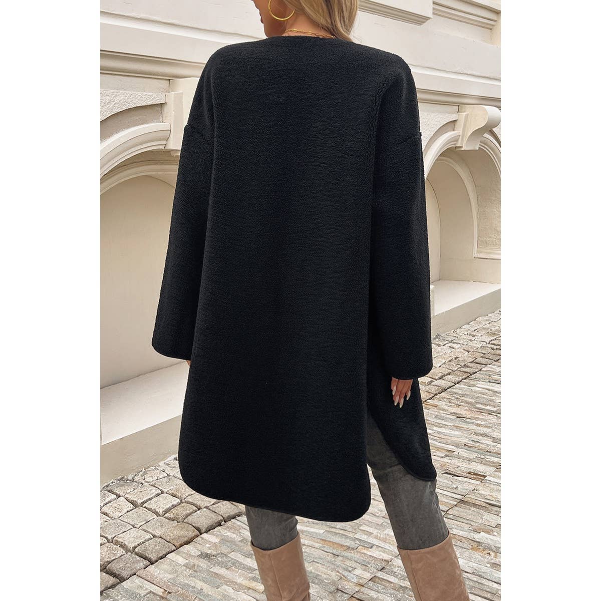 Solid Fuzzy Long Body Button Down Pockets Coat - MVTFASHION.COM