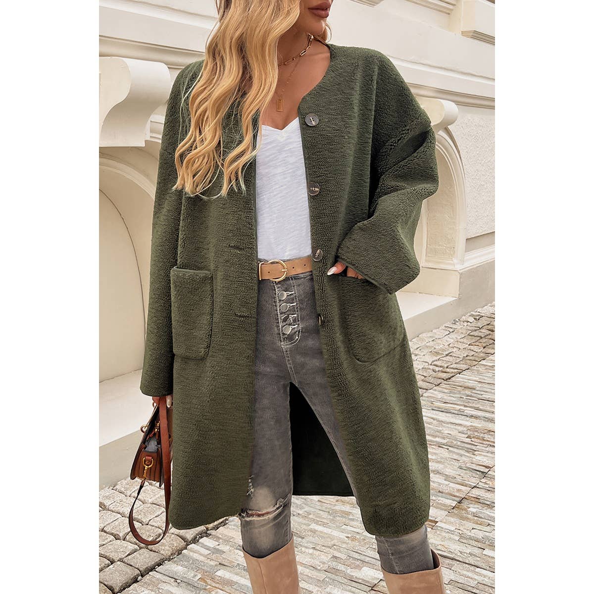 Solid Fuzzy Long Body Button Down Pockets Coat - MVTFASHION.COM