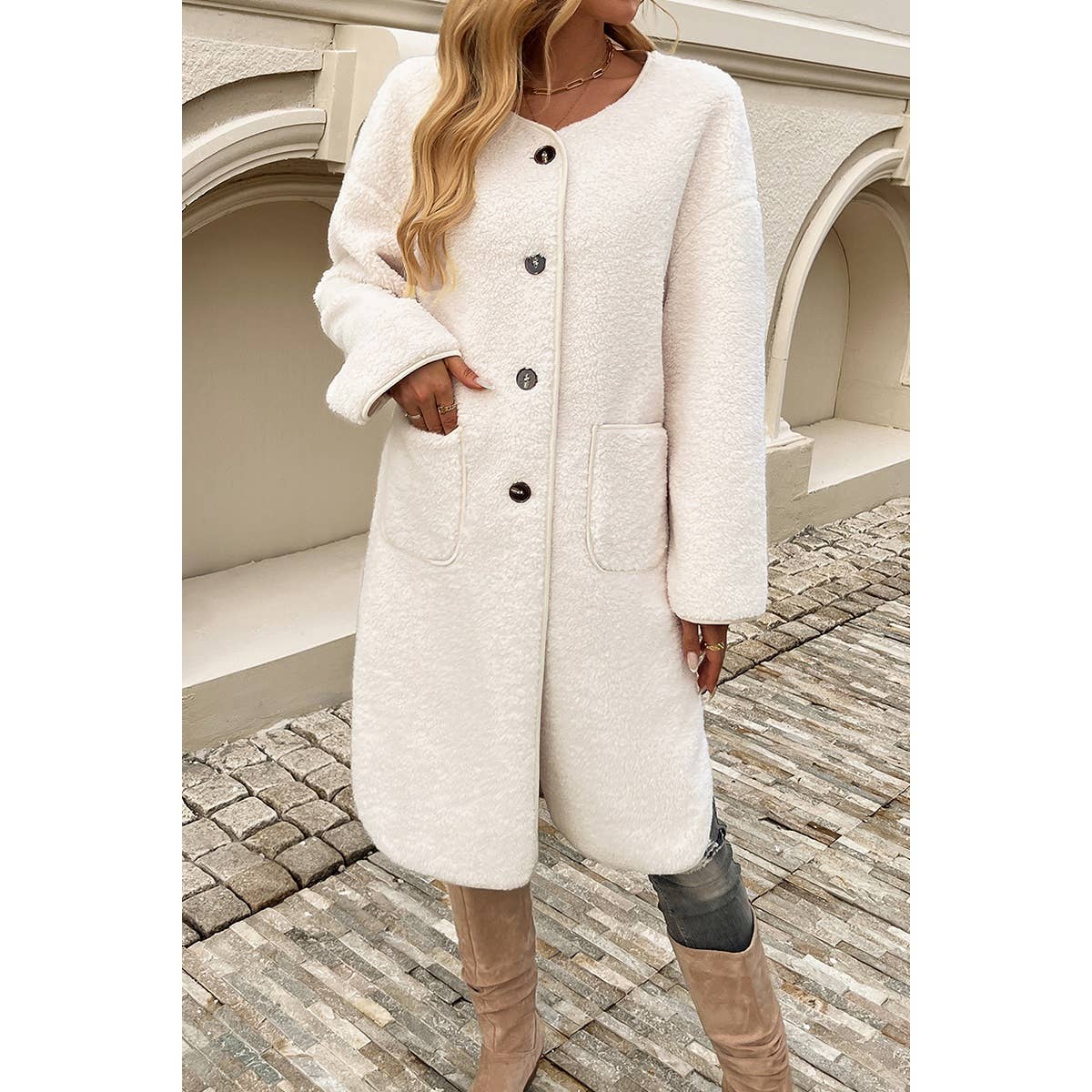 Solid Fuzzy Long Body Button Down Pockets Coat - MVTFASHION.COM