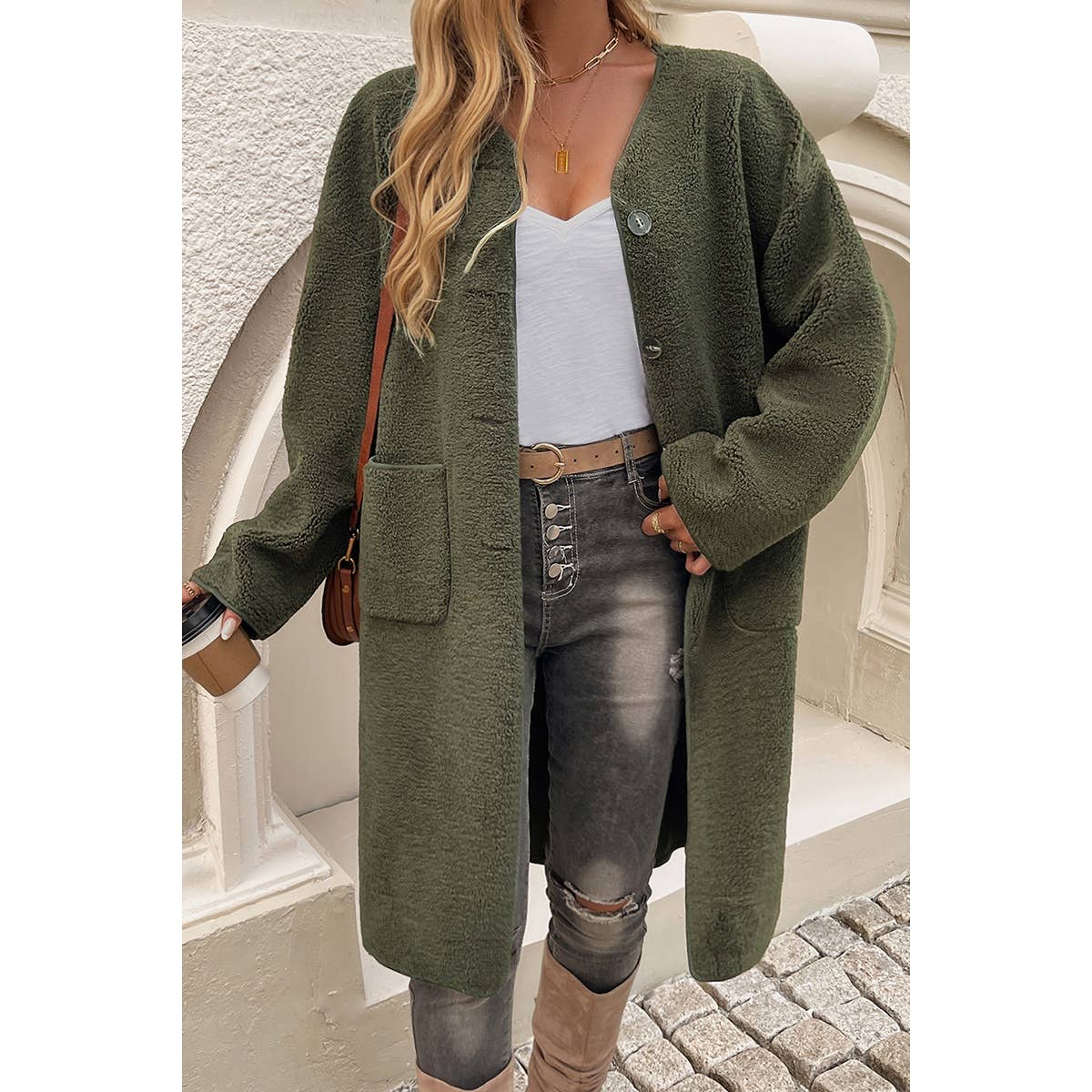 Solid Fuzzy Long Body Button Down Pockets Coat - MVTFASHION.COM