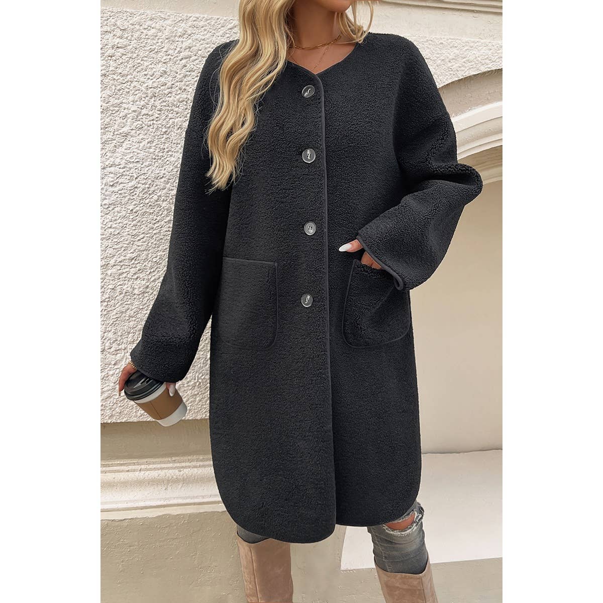 Solid Fuzzy Long Body Button Down Pockets Coat - MVTFASHION.COM