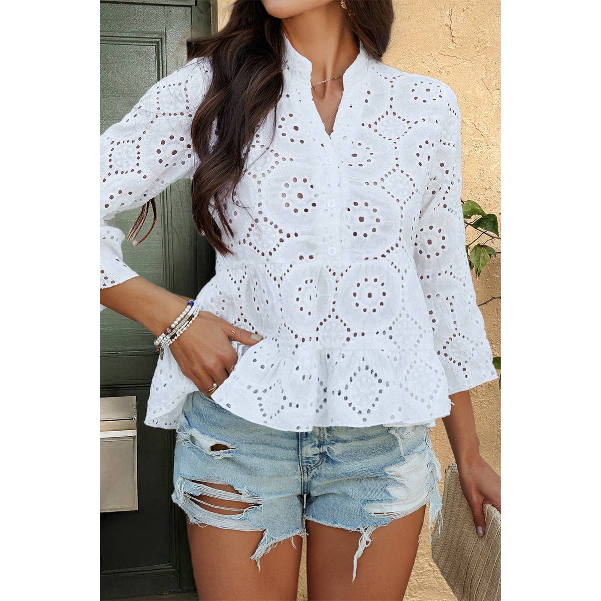 Solid Half Button Flounce Sleeve Peplum Blouse - MVTFASHION.COM