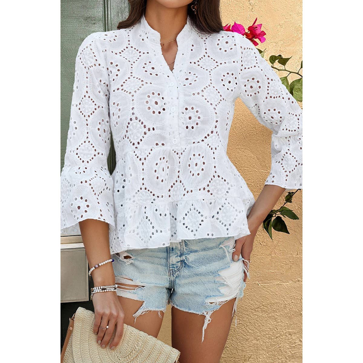 Solid Half Button Flounce Sleeve Peplum Blouse - MVTFASHION.COM