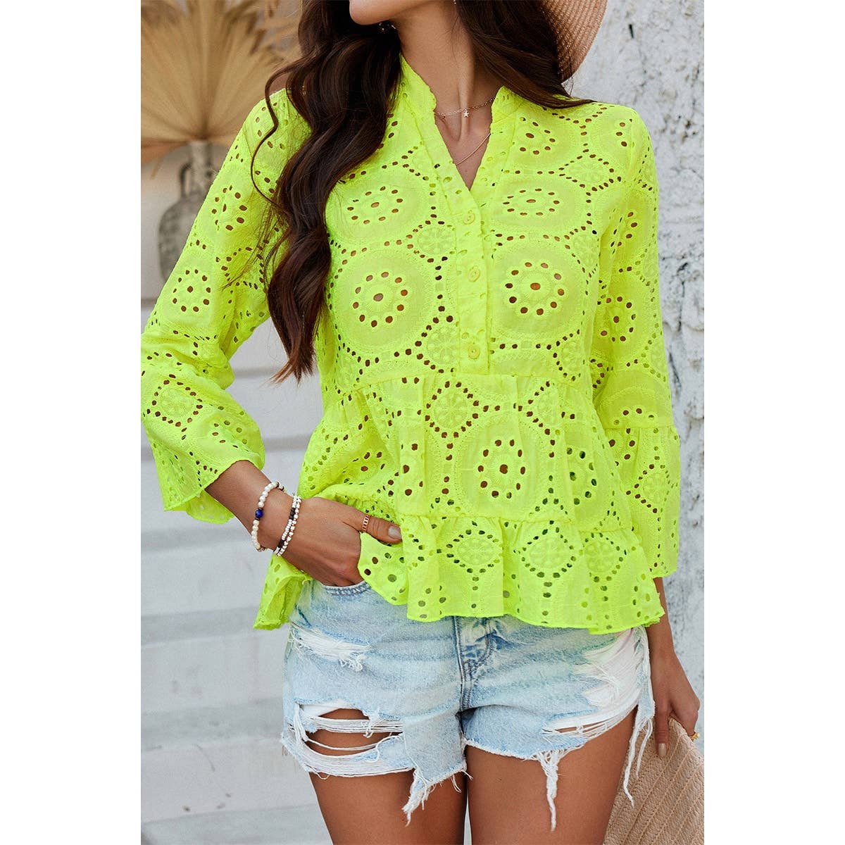 Solid Half Button Flounce Sleeve Peplum Blouse - MVTFASHION.COM