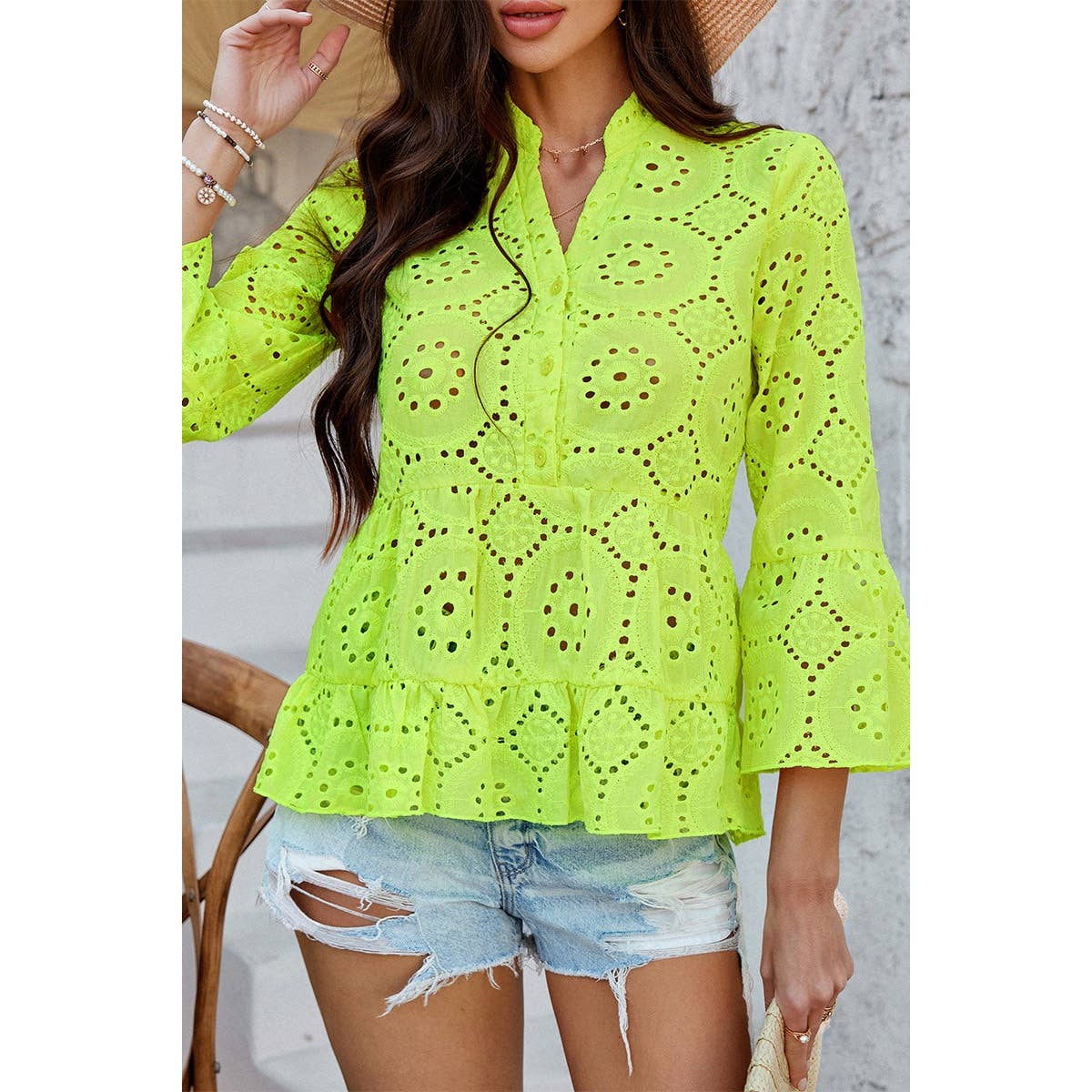 Solid Half Button Flounce Sleeve Peplum Blouse - MVTFASHION.COM