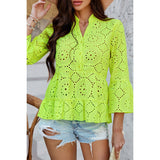 Solid Half Button Flounce Sleeve Peplum Blouse - MVTFASHION.COM