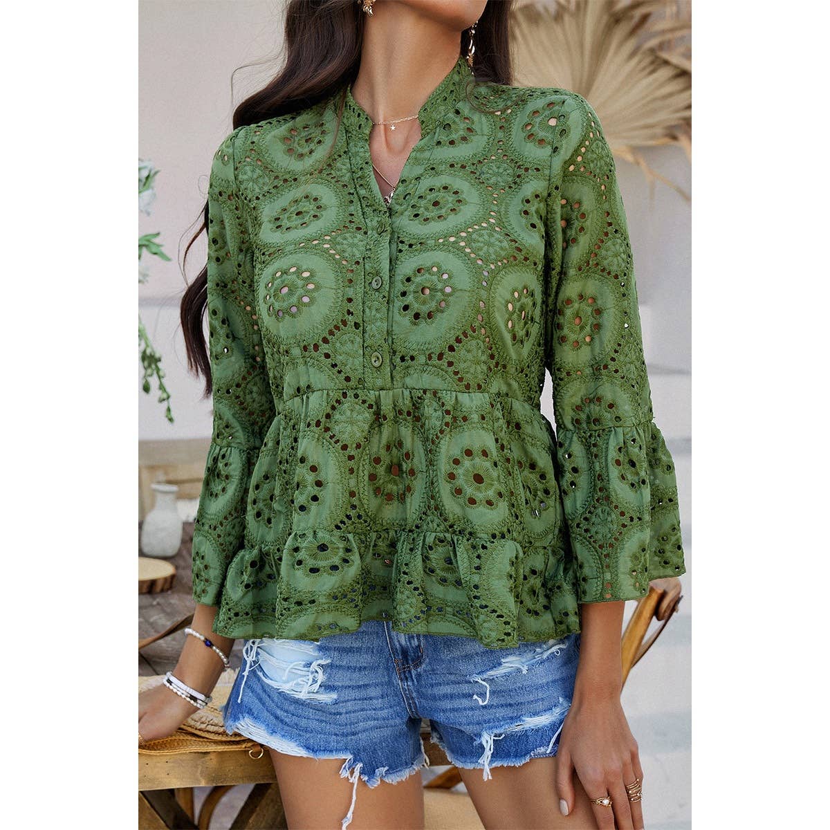 Solid Half Button Flounce Sleeve Peplum Blouse - MVTFASHION.COM
