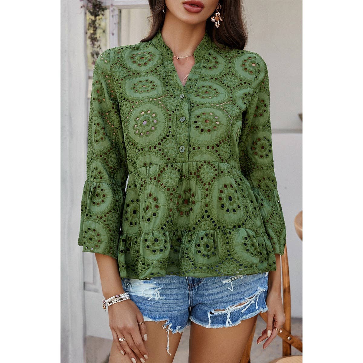 Solid Half Button Flounce Sleeve Peplum Blouse - MVTFASHION.COM
