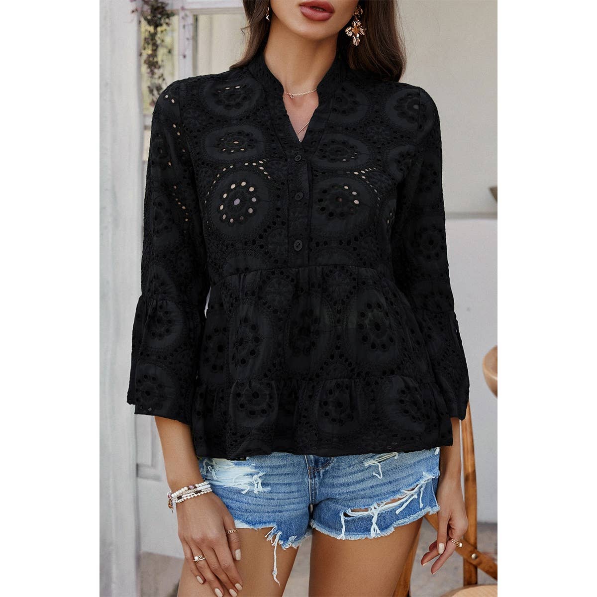 Solid Half Button Flounce Sleeve Peplum Blouse - MVTFASHION.COM