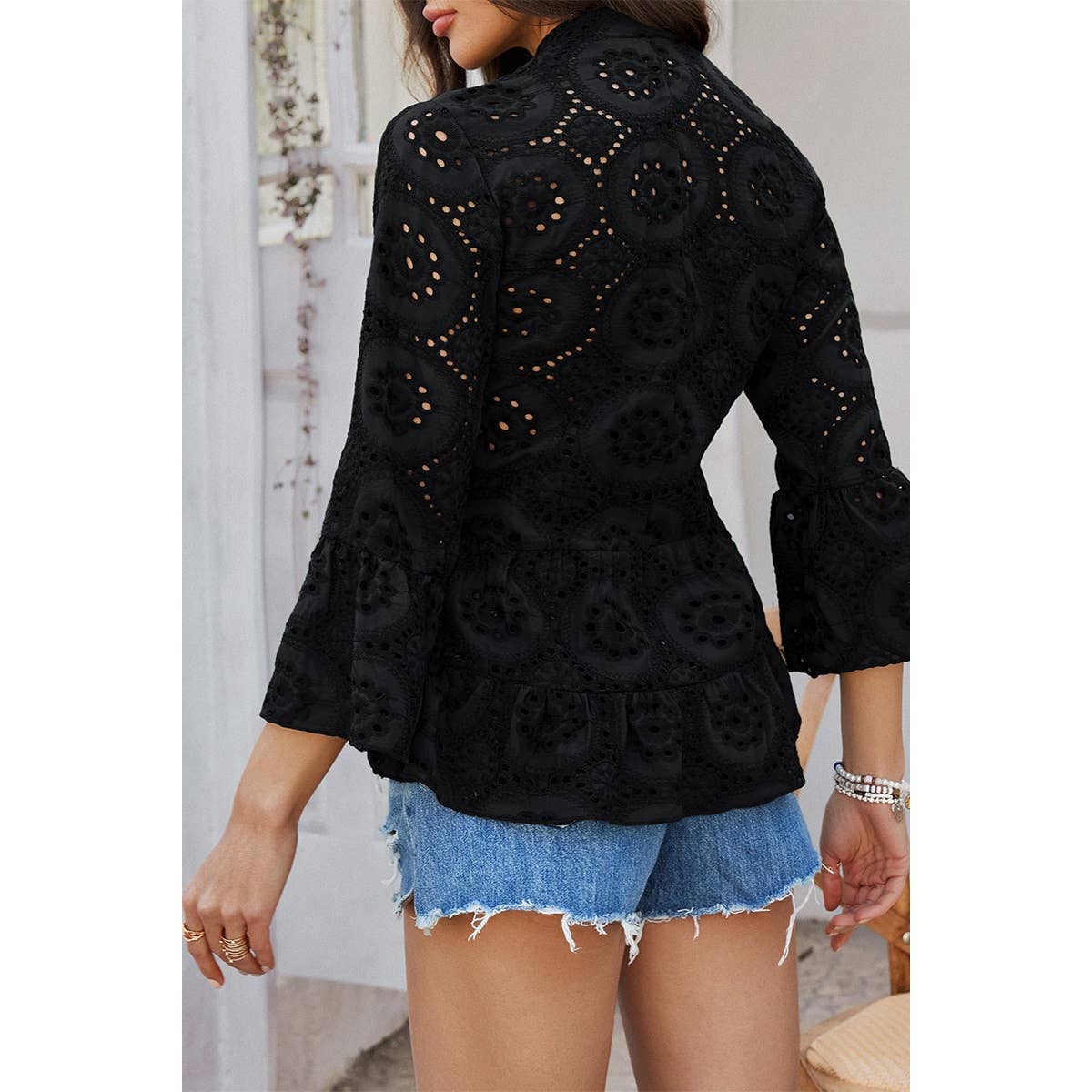 Solid Half Button Flounce Sleeve Peplum Blouse - MVTFASHION.COM