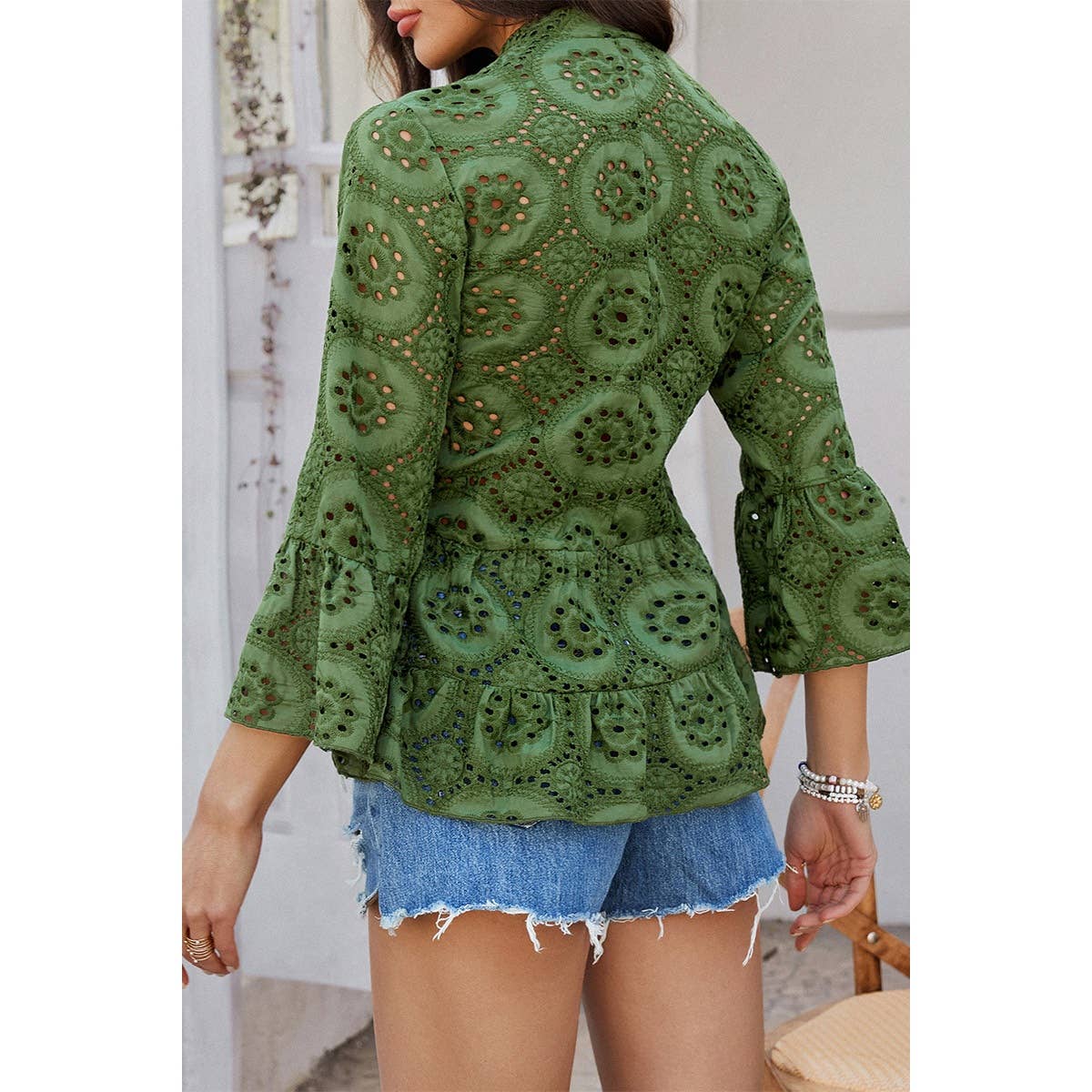 Solid Half Button Flounce Sleeve Peplum Blouse - MVTFASHION.COM