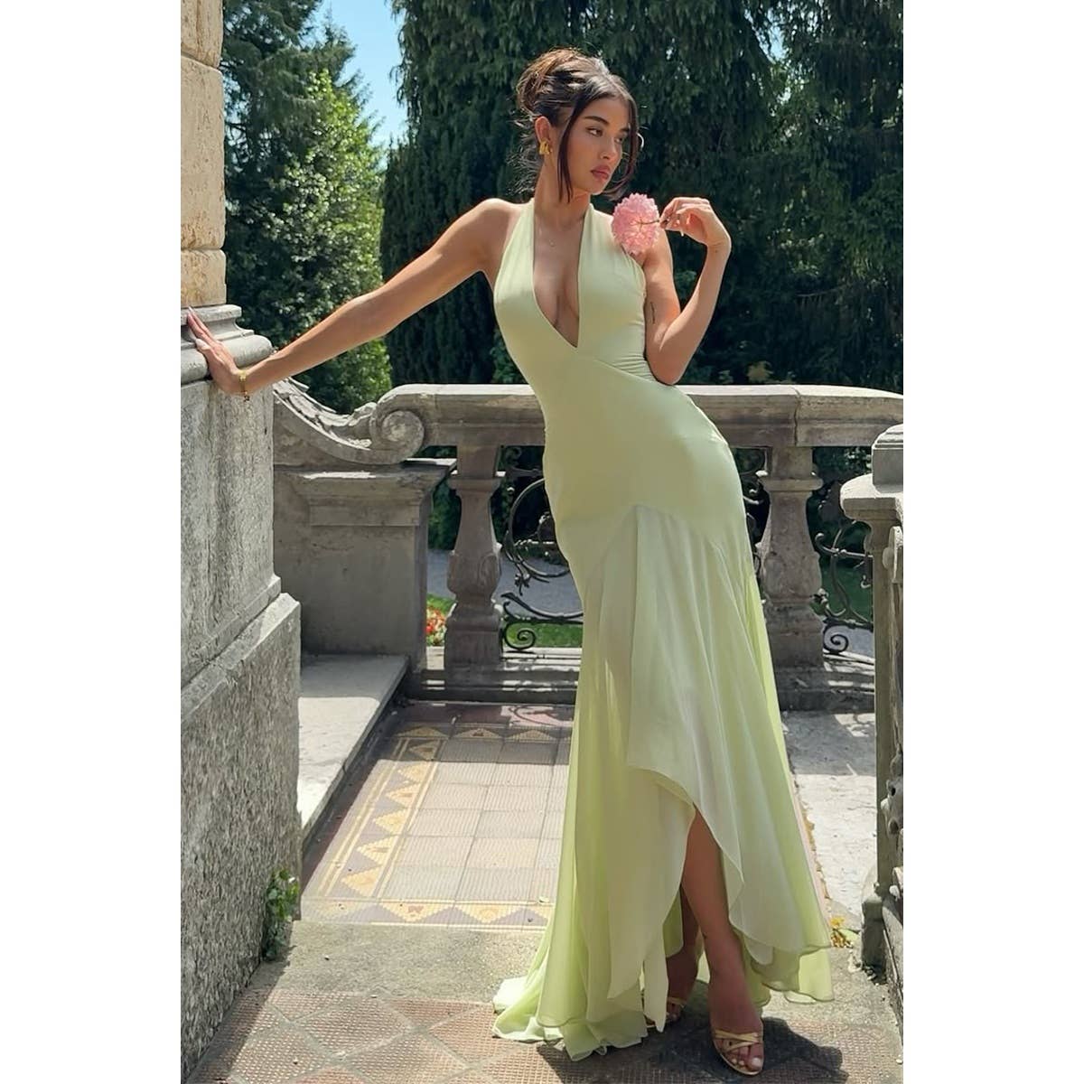 Solid Halter Deep V Backless Maxi Tulle Dress - MVTFASHION.COM