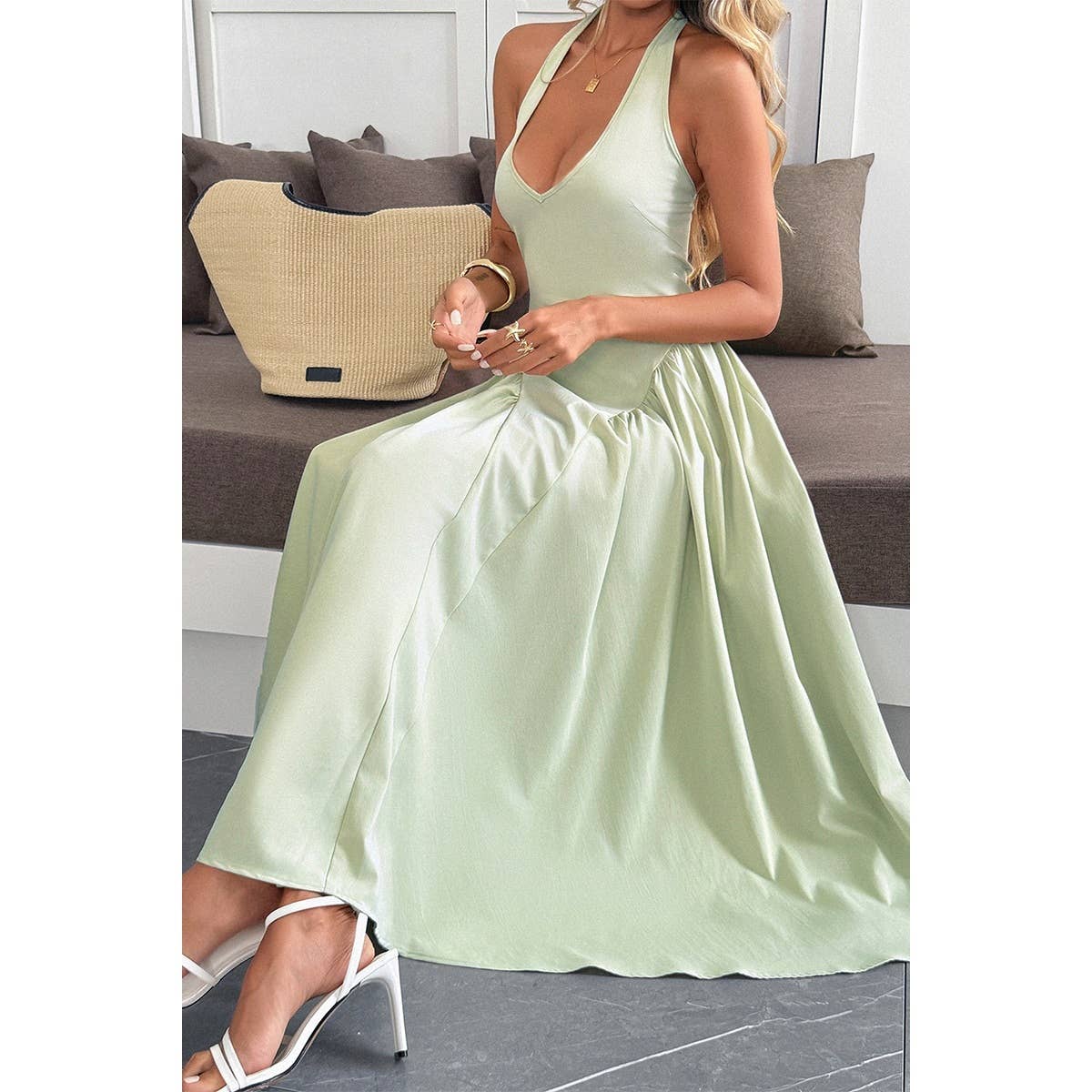 Solid Halter Hide Back Zipper Midi Sundress - MVTFASHION.COM