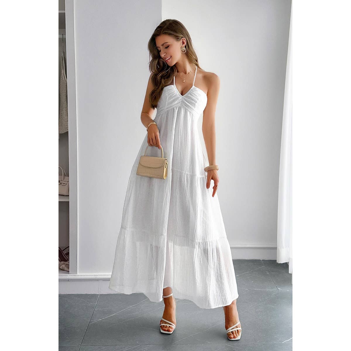 Solid Halter Muse Tiered Ruffle Long Dress - MVTFASHION.COM