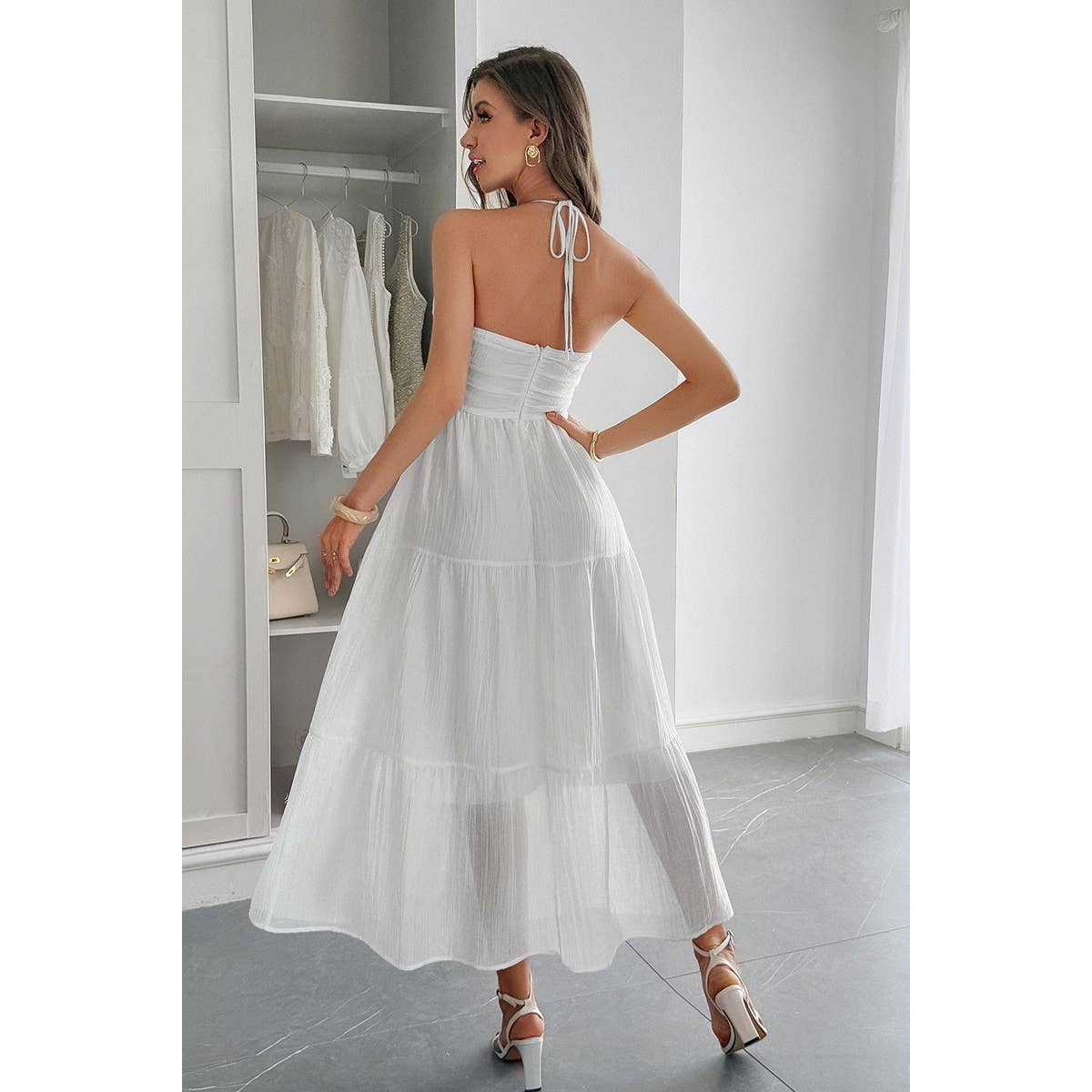 Solid Halter Muse Tiered Ruffle Long Dress - MVTFASHION.COM