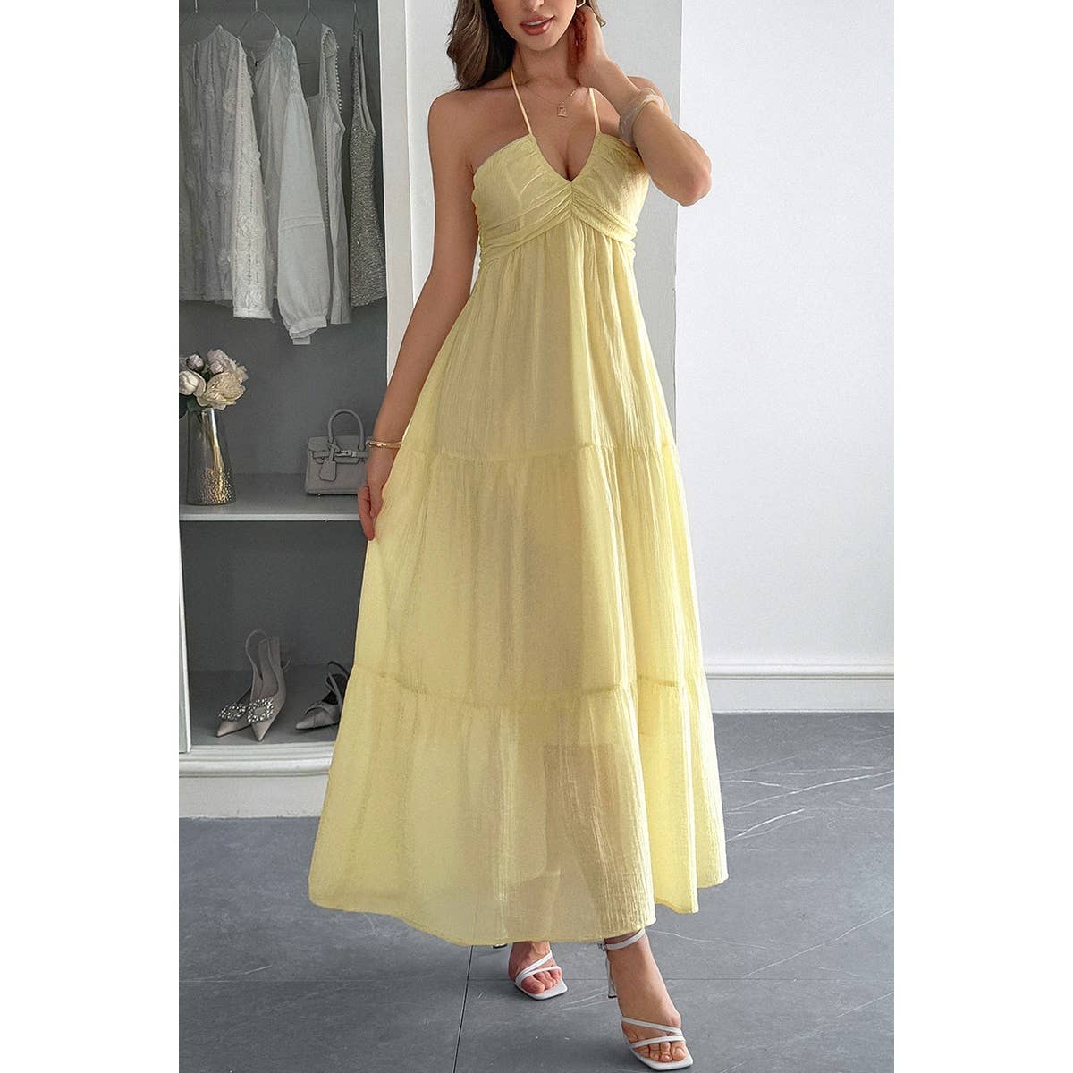 Solid Halter Muse Tiered Ruffle Long Dress - MVTFASHION.COM