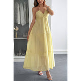 Solid Halter Muse Tiered Ruffle Long Dress - MVTFASHION.COM