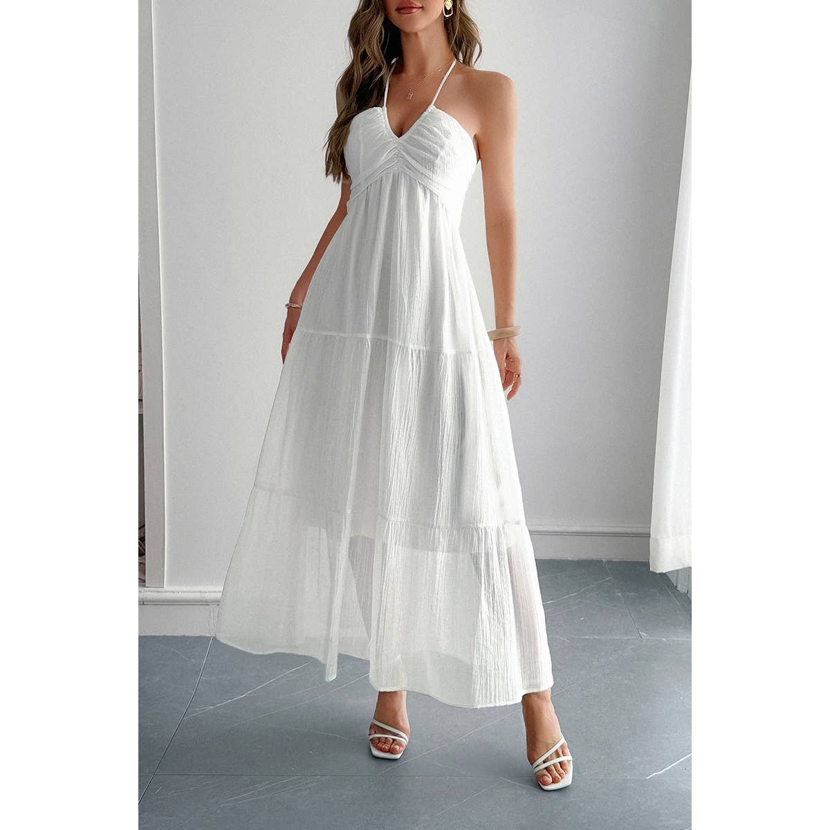 Solid Halter Muse Tiered Ruffle Long Dress - MVTFASHION.COM