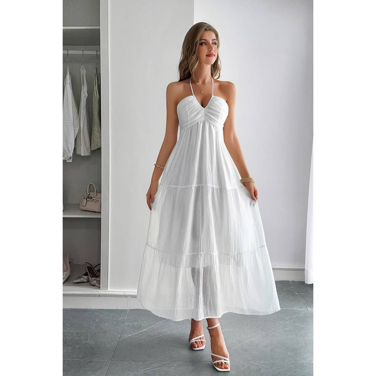 Solid Halter Muse Tiered Ruffle Long Dress - MVTFASHION.COM