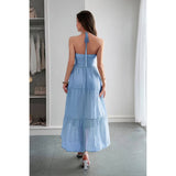 Solid Halter Muse Tiered Ruffle Long Dress - MVTFASHION.COM