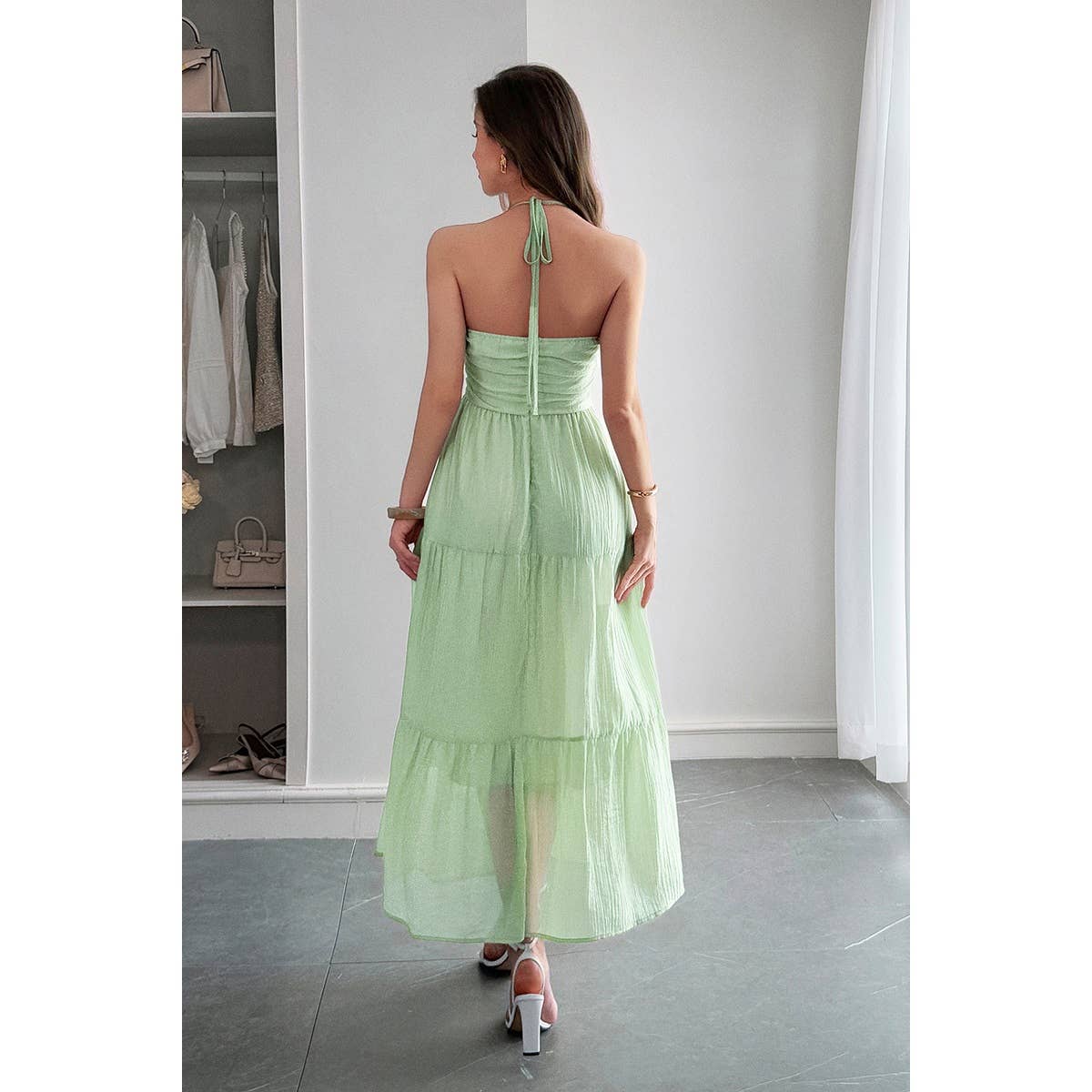 Solid Halter Muse Tiered Ruffle Long Dress - MVTFASHION.COM