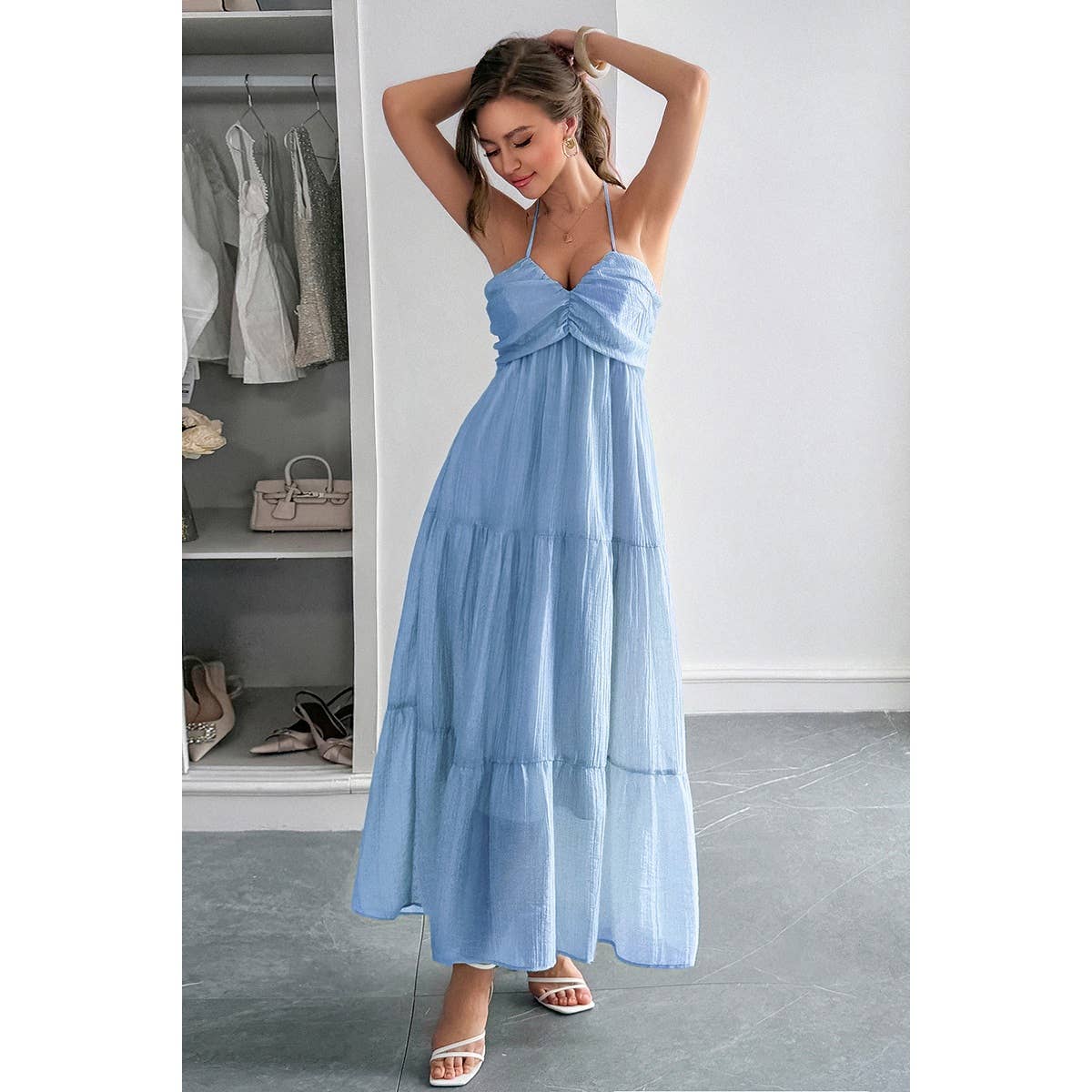 Solid Halter Muse Tiered Ruffle Long Dress - MVTFASHION.COM
