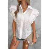 Solid Hollow Out Button Down Ruffle Blouse - MVTFASHION.COM