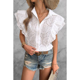 Solid Hollow Out Button Down Ruffle Blouse - MVTFASHION.COM