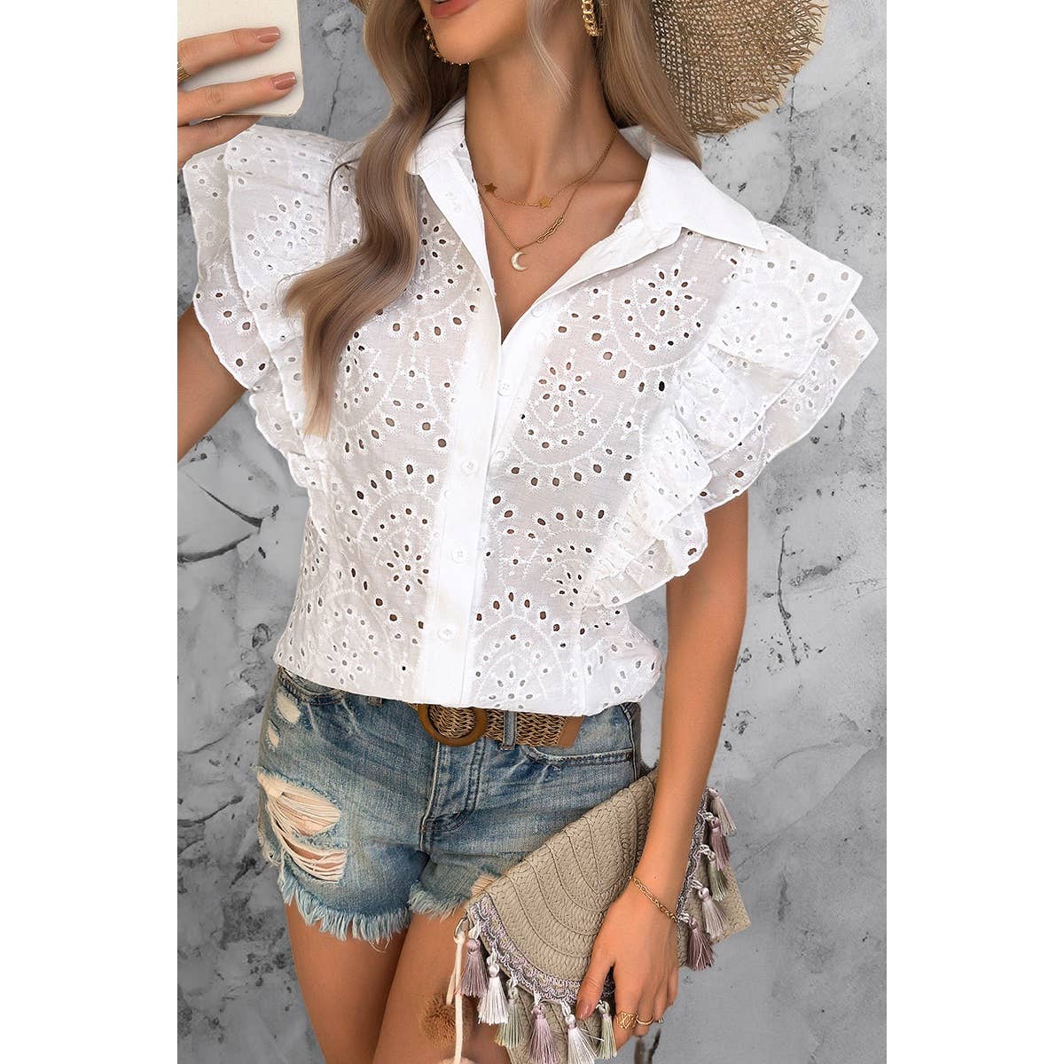 Solid Hollow Out Button Down Ruffle Blouse - MVTFASHION.COM