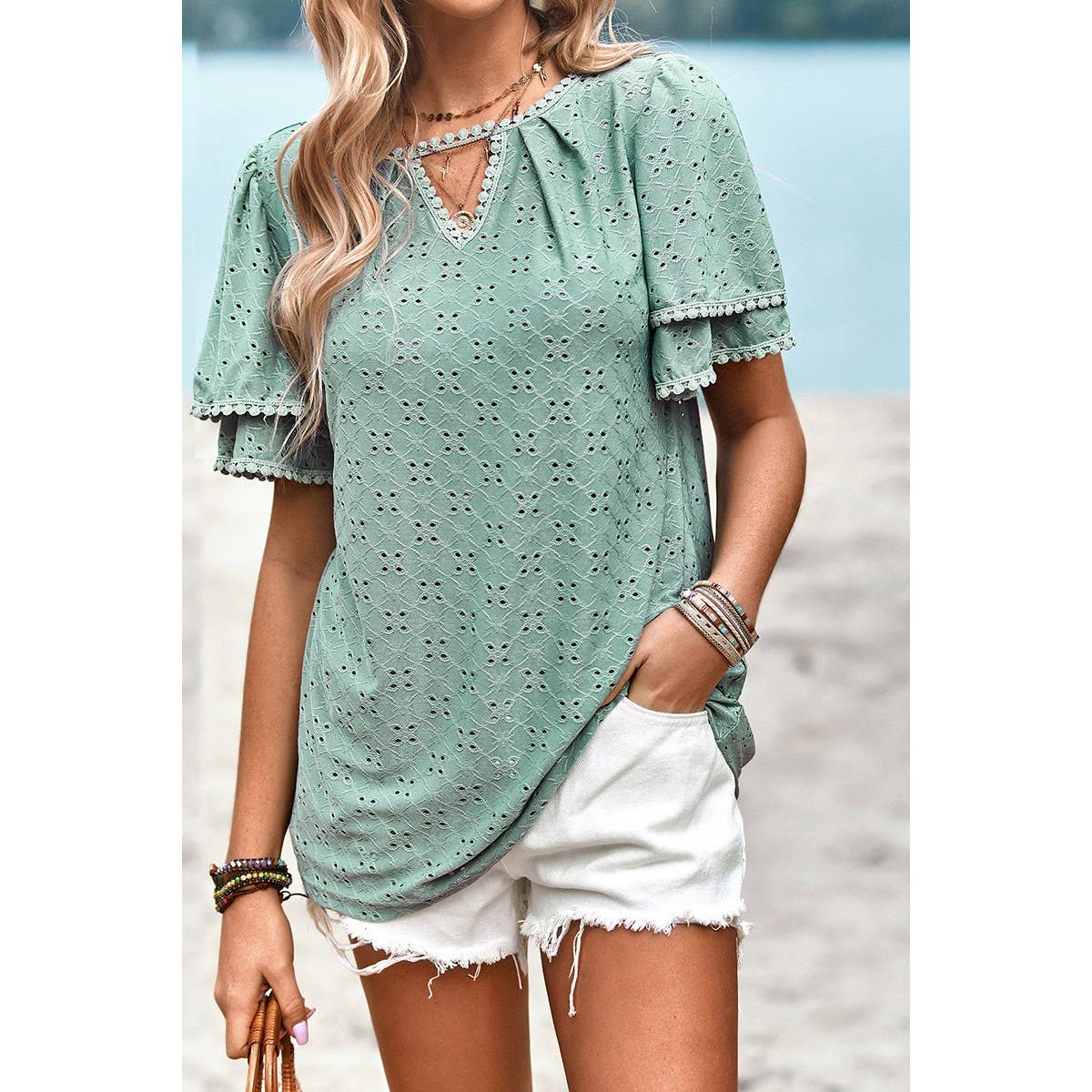 Solid Hollow Out Floral Ruffle Sleeve Loose Fit Top - MVTFASHION.COM