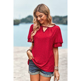 Solid Hollow Out Floral Ruffle Sleeve Loose Fit Top - MVTFASHION.COM