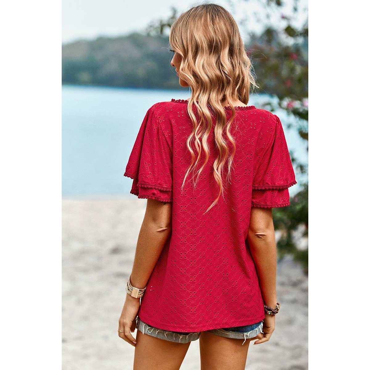 Solid Hollow Out Floral Ruffle Sleeve Loose Fit Top - MVTFASHION.COM