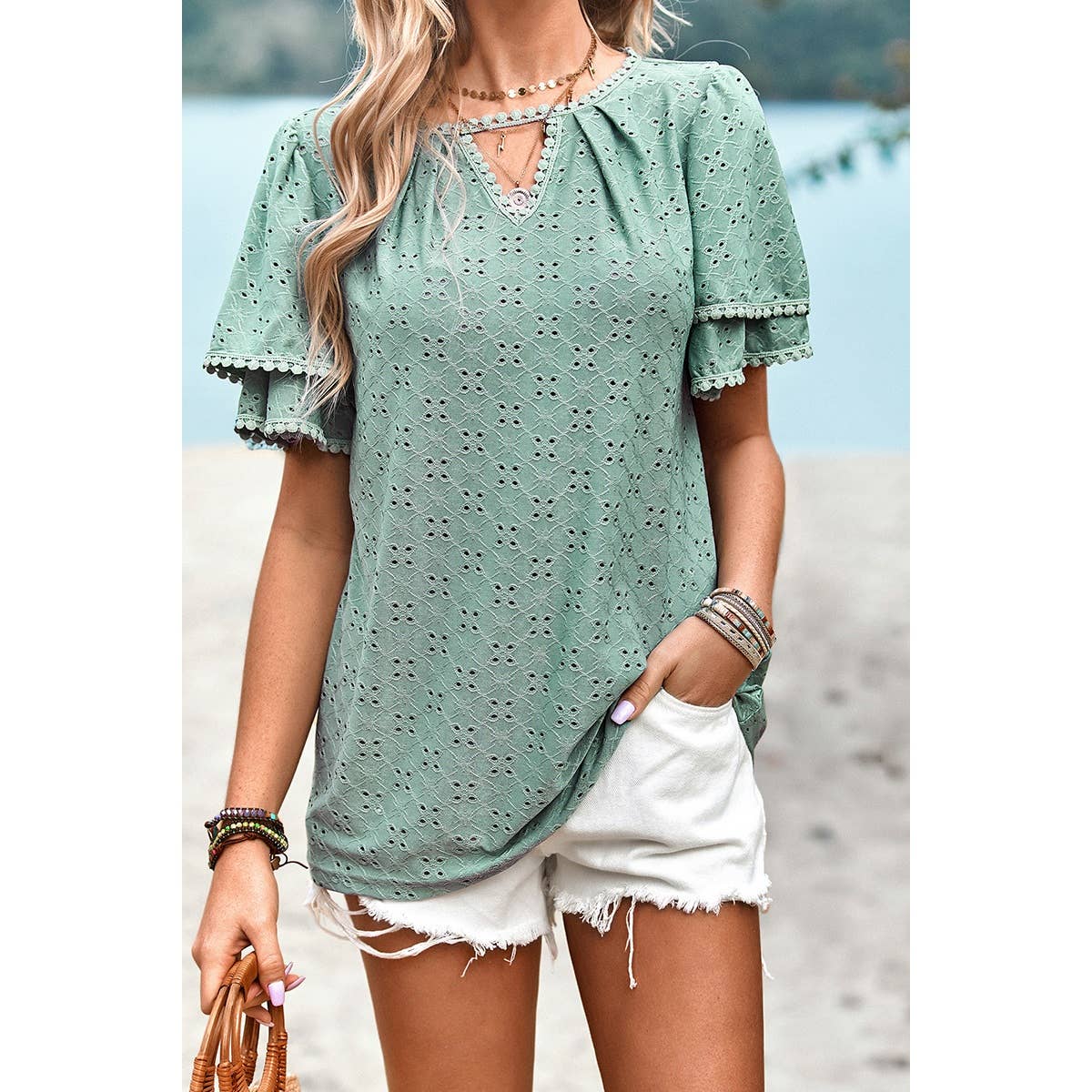 Solid Hollow Out Floral Ruffle Sleeve Loose Fit Top - MVTFASHION.COM