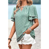 Solid Hollow Out Floral Ruffle Sleeve Loose Fit Top - MVTFASHION.COM