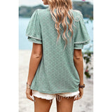 Solid Hollow Out Floral Ruffle Sleeve Loose Fit Top - MVTFASHION.COM