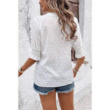 Solid Hollow Out Ruffle Hem V Neck Loose Blouse - MVTFASHION.COM