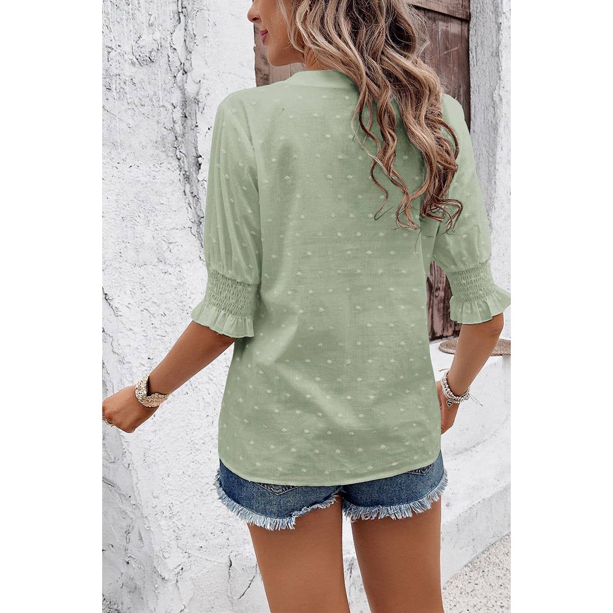 Solid Hollow Out Ruffle Hem V Neck Loose Blouse - MVTFASHION.COM