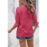 Solid Hollow Out Ruffle Hem V Neck Loose Blouse - MVTFASHION.COM