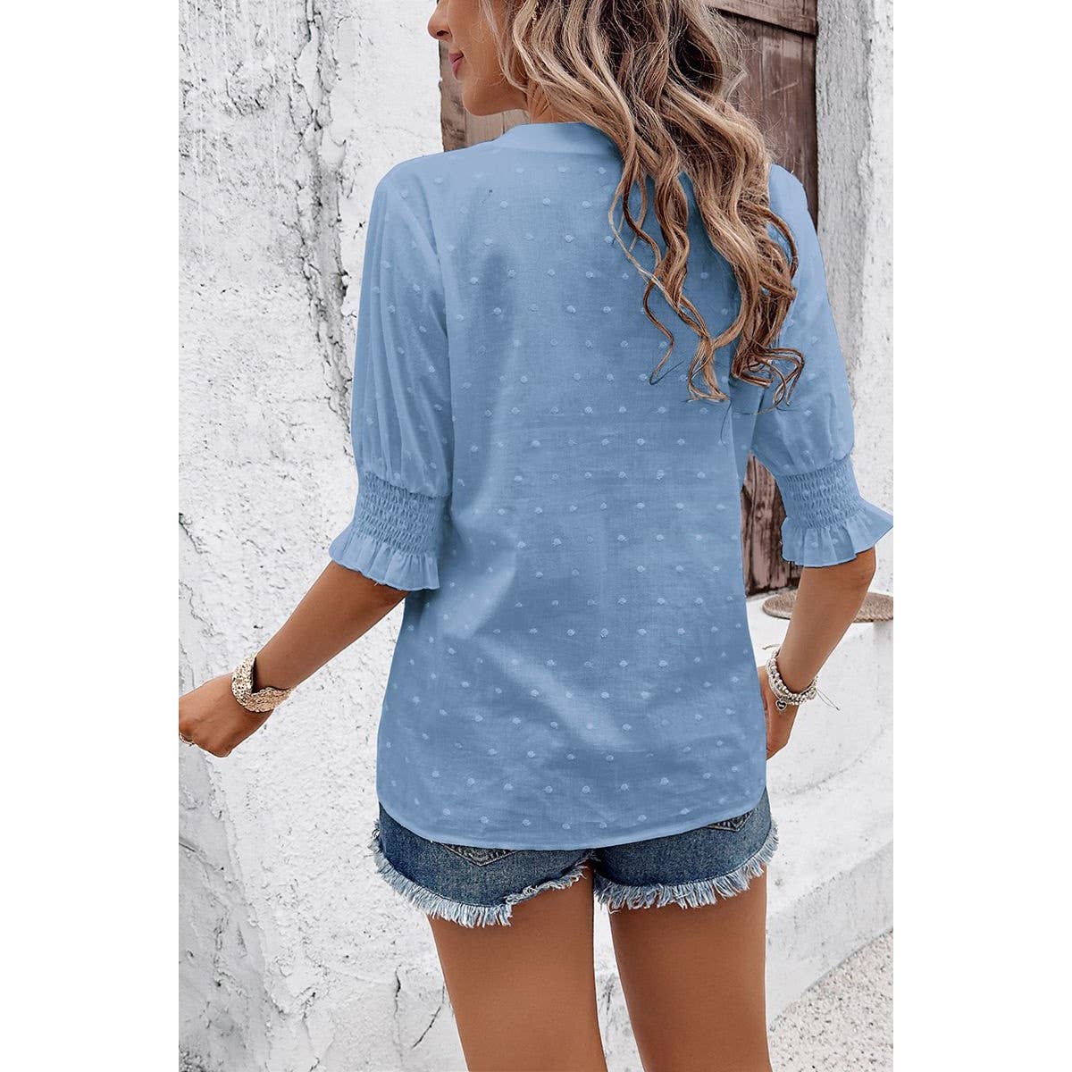 Solid Hollow Out Ruffle Hem V Neck Loose Blouse - MVTFASHION.COM