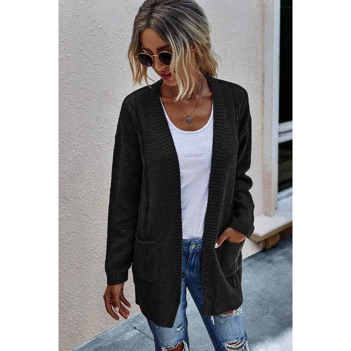 Solid Knit Open Front Cardigan - MVTFASHION.COM