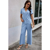 Solid Knit Pockets Button Up Two Pieces V Neck Set - MVTFASHION.COM