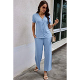 Solid Knit Pockets Button Up Two Pieces V Neck Set - MVTFASHION.COM