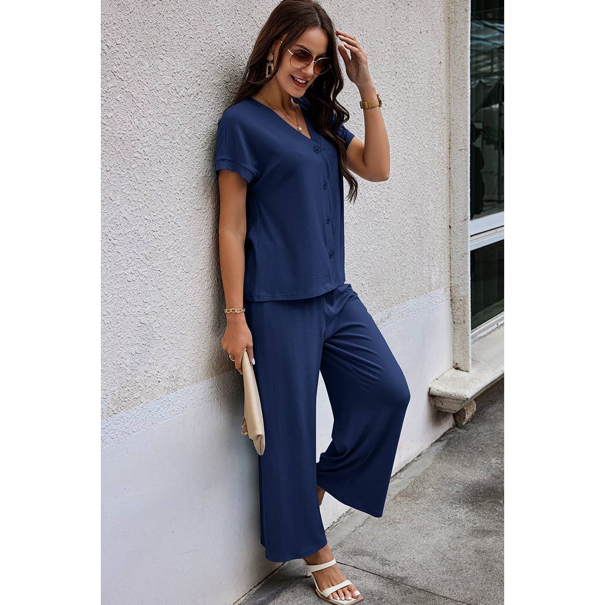 Solid Knit Pockets Button Up Two Pieces V Neck Set - MVTFASHION.COM