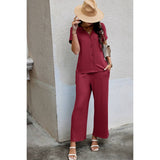 Solid Knit Pockets Button Up Two Pieces V Neck Set - MVTFASHION.COM