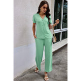 Solid Knit Pockets Button Up Two Pieces V Neck Set - MVTFASHION.COM