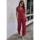 Solid Knit Pockets Button Up Two Pieces V Neck Set - MVTFASHION.COM