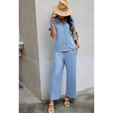 Solid Knit Pockets Button Up Two Pieces V Neck Set - MVTFASHION.COM