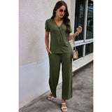 Solid Knit Pockets Button Up Two Pieces V Neck Set - MVTFASHION.COM